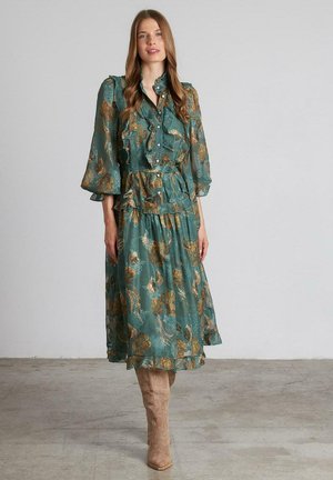 MIDI ESTAMPADO VOLANTES - Vestido camisero - azul oscuro