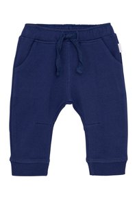Marineblauwe peuter sweats met een elastische tailleband, verstelbaar trekkoord, voortassen en geribbelde boorden op een witte achtergrond.