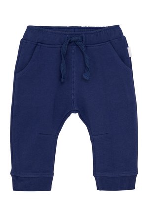 Marineblaue Sweatpants für Kleinkinder mit elastischem Bund, verstellbarem Kordelzug, Fronttaschen und gerippten Bündchen auf einem weißen Hintergrund.