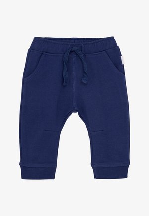 Marineblaue Sweatpants für Kleinkinder mit elastischem Bund, verstellbarem Kordelzug, Fronttaschen und gerippten Bündchen auf einem weißen Hintergrund.