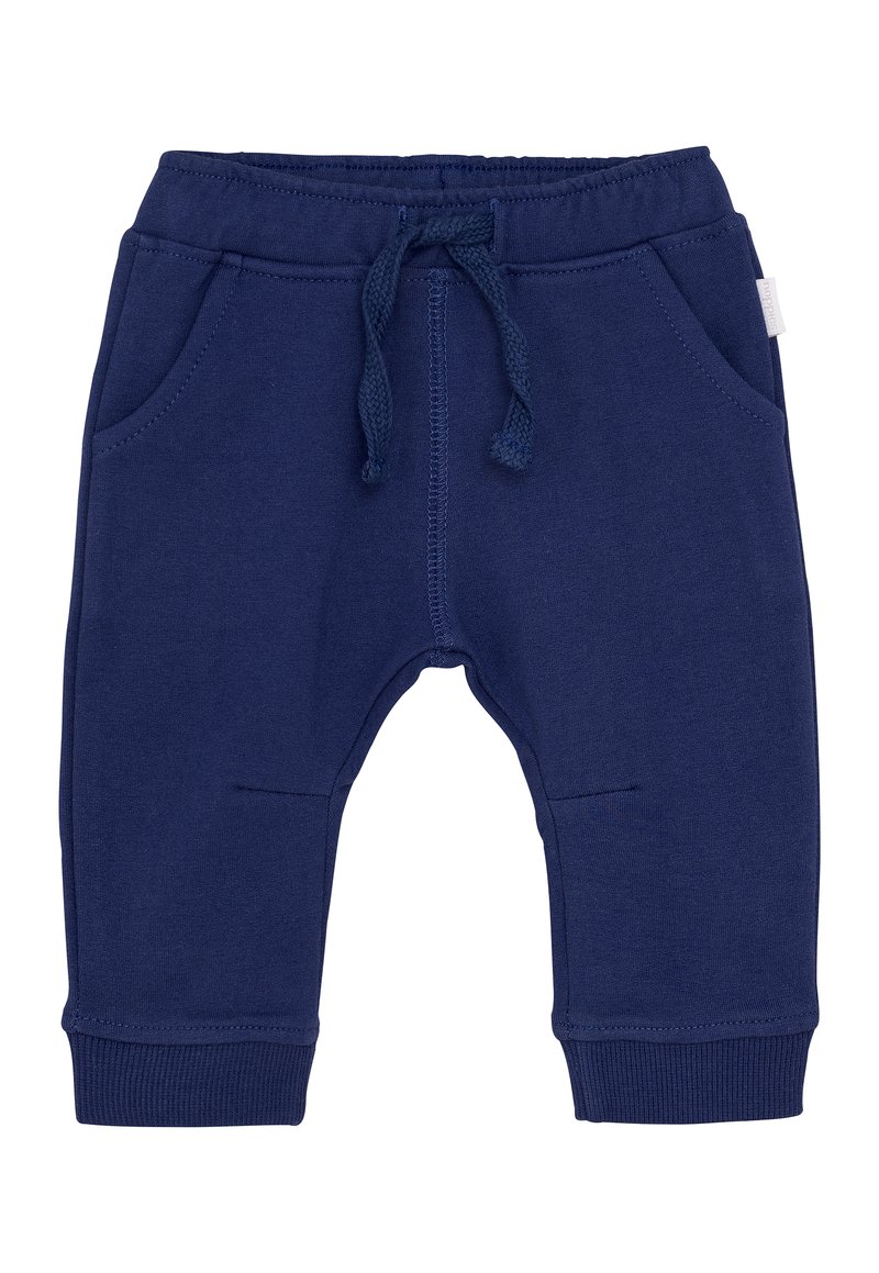 Marineblauwe peuter sweats met een elastische tailleband, verstelbaar trekkoord, voortassen en geribbelde boorden op een witte achtergrond.