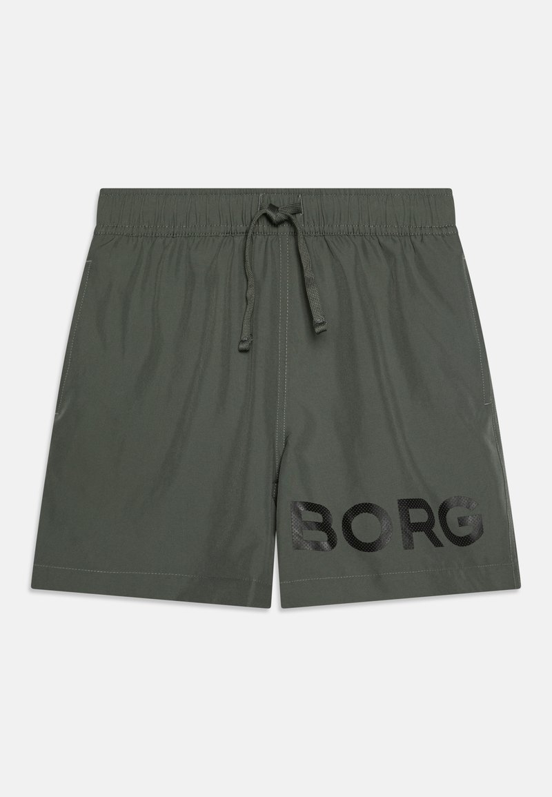 Zaļi peldbikses ar elastīgu jostasvietu un aukliņu. Uz kreisās puses ir melns "BORG" logotips, izgatavotas no viegla auduma.
