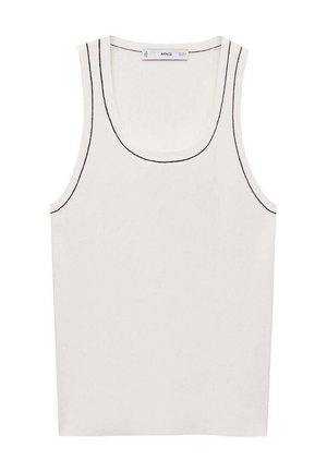 Weißes, geripptes Tanktop mit schwarzem Kontraststich, das über einen runden Ausschnitt und breite Armausschnitte verfügt. Hergestellt aus glattem, dehnbarem Material.