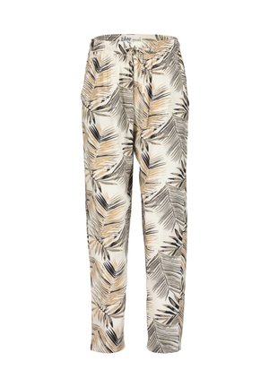 Pantaloni morbidi con stampa di foglie di palma in beige, nero e marrone, vita elasticizzata e cordoncino su uno sfondo bianco.