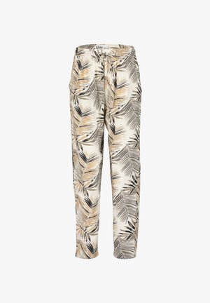 Pantalons ample avec un imprimé de feuilles de palmier beige, noir et marron, avec une taille élastique et un cordon à tirer sur un fond blanc.