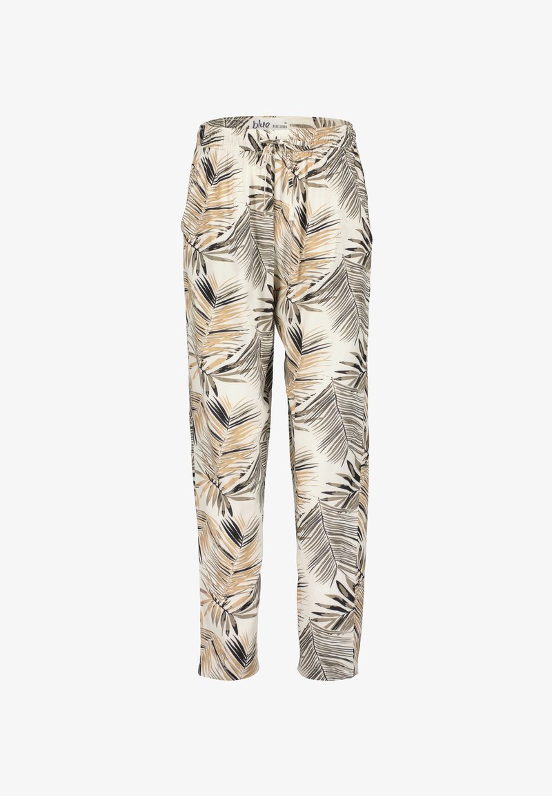 Pantalons ample avec un imprimé de feuilles de palmier beige, noir et marron, avec une taille élastique et un cordon à tirer sur un fond blanc.