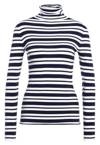 Maglietta a maniche lunghe con colletto a funnel dal design aderente, caratterizzata da righe orizzontali blu navy e bianche, realizzata in morbido cotone con una texture liscia.