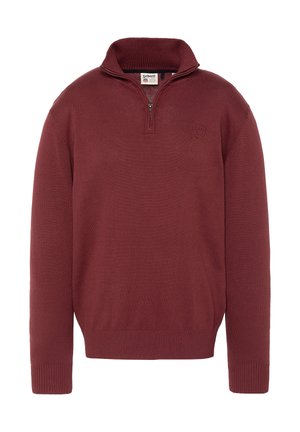 Maglione a maniche lunghe color marrone scuro con cerniera a un quarto, polsini e orlo a coste e piccolo logo ricamato sul petto sinistro.