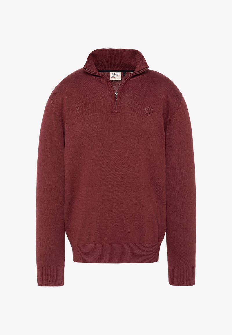 Pull en tricot bordeaux à manches longues avec fermeture éclair quart, poignets et ourlet côtelés, et petit logo brodé sur le côté gauche de la poitrine.