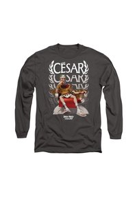 Langärmliges graues T-Shirt mit einem grafischen Druck eines Charakters, der einer römischen Figur ähnelt, die mit Lorbeerkranz auf einem Thron sitzt, sowie dekorativem Text.