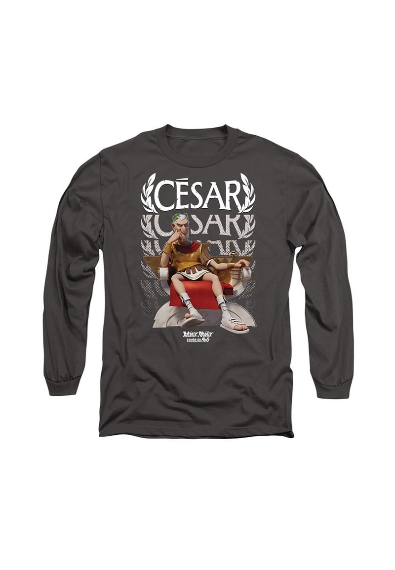 Langärmliges graues T-Shirt mit einem grafischen Druck eines Charakters, der einer römischen Figur ähnelt, die mit Lorbeerkranz auf einem Thron sitzt, sowie dekorativem Text.