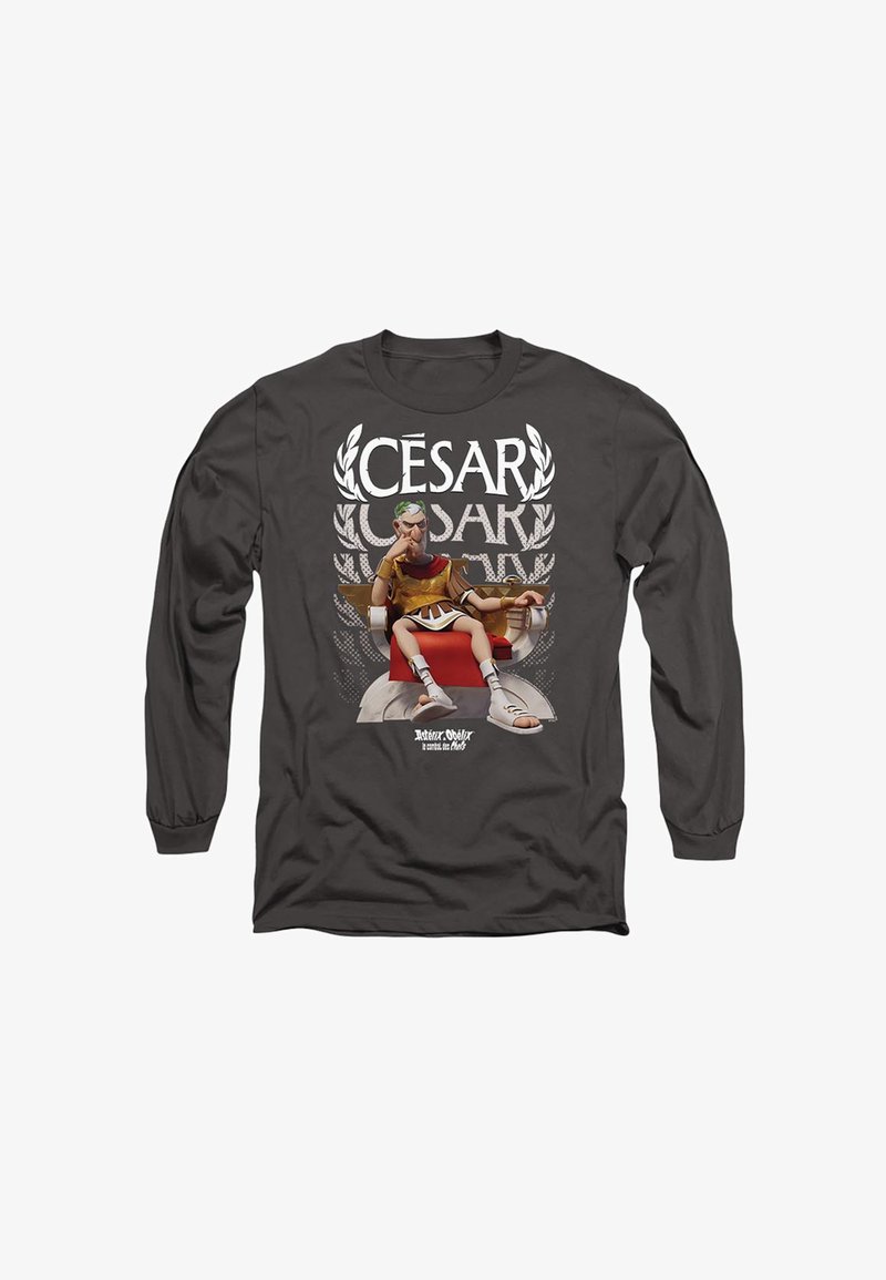 Langärmliges graues T-Shirt mit einem grafischen Druck eines Charakters, der einer römischen Figur ähnelt, die mit Lorbeerkranz auf einem Thron sitzt, sowie dekorativem Text.