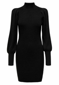 Vestito a maglia nero con coste, collo alto, silhouette aderente e maniche lunghe a sbuffo. Realizzato in tessuto a maglia testurizzato.