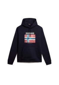 Sudadera azul marino con un bolsillo canguro, que presenta un gráfico colorido de una bandera y el texto "NAPAPIJRI" encima. Fabricada con tela suave.