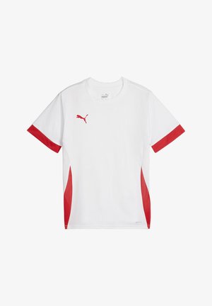 Maglietta atletica bianca con accenti in rete rossa sulle maniche e ai lati, con un piccolo logo Puma rosso sul petto. Tessuto leggero e traspirante.