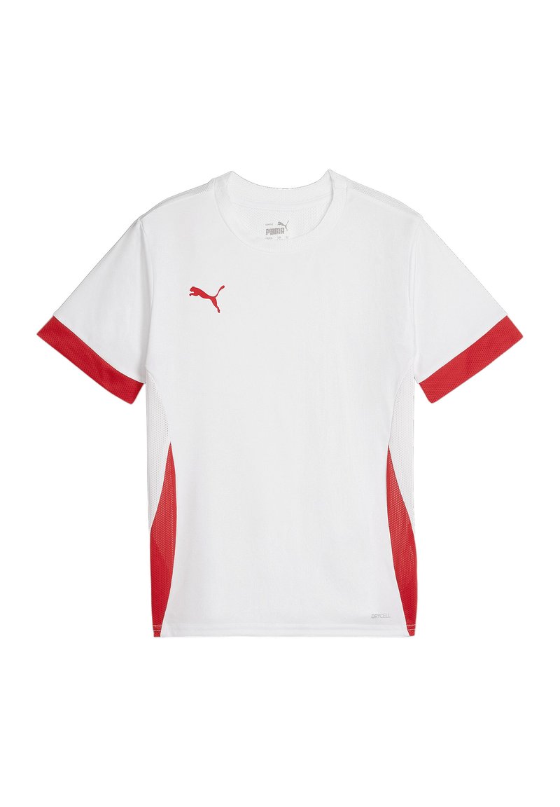 T-shirt de sport blanc avec des accents en maille rouge sur les manches et les côtés, portant un petit logo Puma rouge sur la poitrine. Tissu léger et respirant.