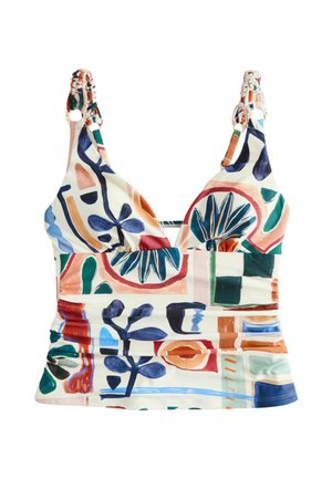 Buntes ärmelloses Croptop mit abstrakten floralen und geometrischen Mustern in Blau, Grün, Orange und Rot auf weißem Hintergrund.