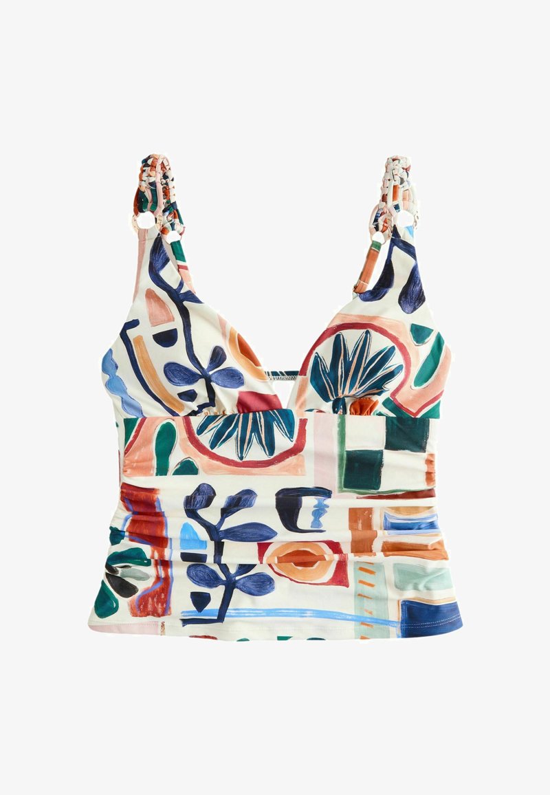 Buntes ärmelloses Croptop mit abstrakten floralen und geometrischen Mustern in Blau, Grün, Orange und Rot auf weißem Hintergrund.