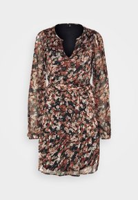 Kukallio hame mustalla pohjalla, jossa on monivärisiä kukkia, pitkät hihat, V-pääntie ja sidottu vyötäröyksityiskohta. Kevyt, läpikuultava kangas.