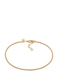 Guldplateret armbånd med et snoet kæde-design, der har en krabbe-lås og justerbar længde med ekstra led. Glat tekstur.