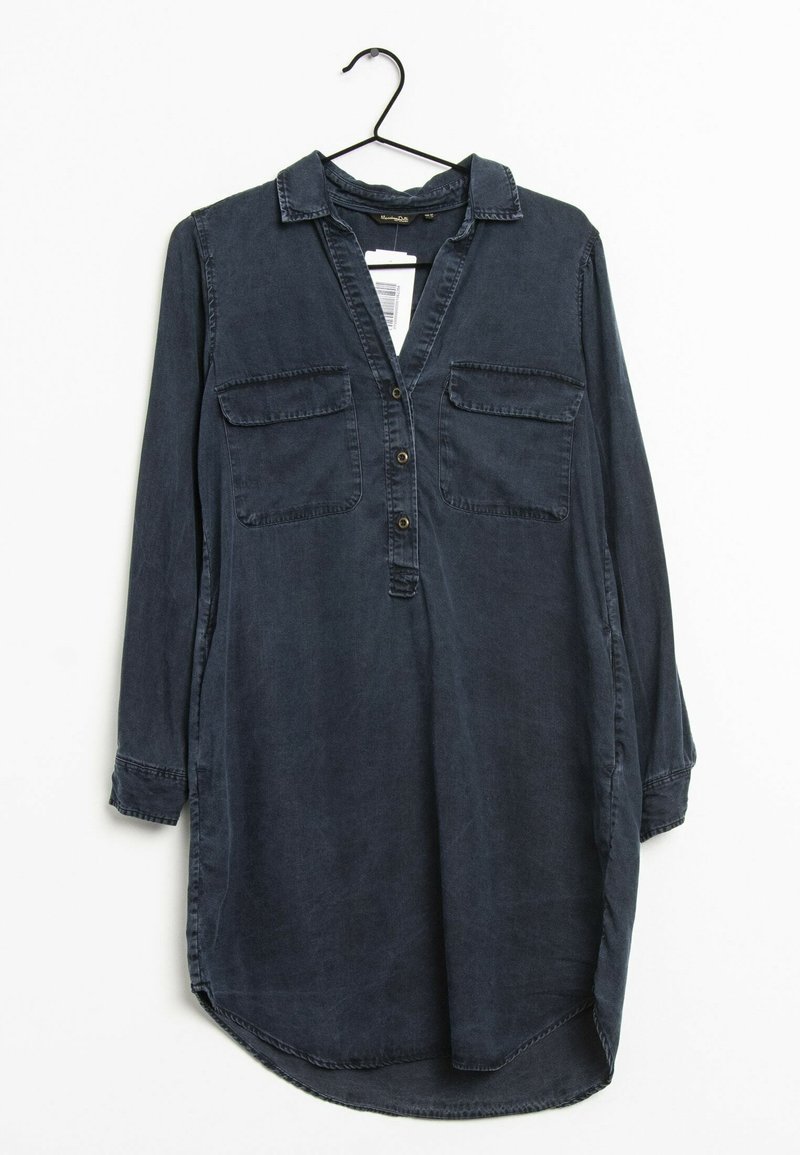 Dark blue long-sleeve shirt with a collar, two front pockets, button closure, and curved hem. Made of lightweight fabric with a soft texture.