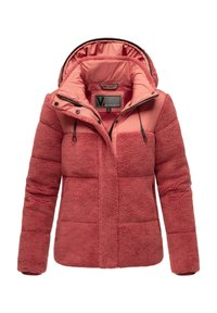 Rød shearlingjakke med hætte, quilted stof på skuldrene, lynlås foran og justerbare snore. Blød tekstur med elastiske manchetter.