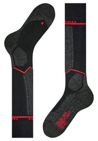 Calcetines deportivos negros con un diseño texturizado, que presentan acentos rojos y áreas reforzadas para mayor durabilidad. Marcas de talla en la planta.