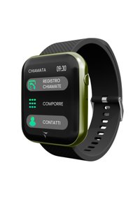 Smartwatch mit einem quadratischen schwarzen Touchscreen, grünen Akzenten, schwarzem Silikonarmband, das Anruf- und Kontaktfunktionen auf dem Bildschirm anzeigt.