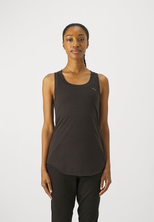 Black sleeveless tank top with a rounded hem, made from soft fabric, featuring the Puma logo subtly on the left side of the chest.