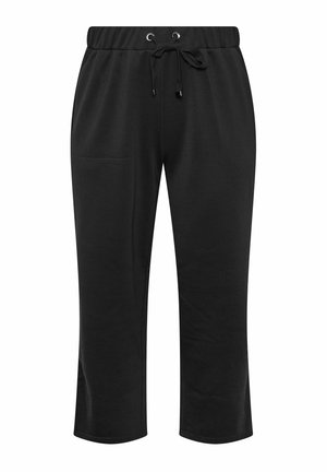 Zwarte cropped sweatpants met elastische taille en trekkoord, met een zijzak op het linkerbeen en rechte pijpen.