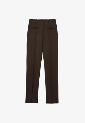Pantaloni maro închis cu croială dreaptă, având două buzunare frontale, design plisat și bucle pentru curea. Fabricati dintr-un material neted.