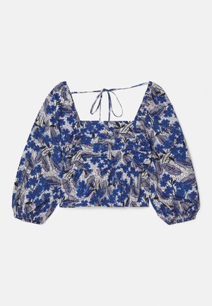 Blauw bloemen top met pofmouwen, vierkant decolleté en strik aan de achterkant. Heeft een gerimpelde voorkant, textuurstof en een levendig bloemmotief.