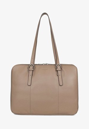 Beżowa skórzana torebka na dwa długie paski, prostokątna, o fakturowanej powierzchni, z srebrnym okuciem i zamkiem błyskawicznym na górze.