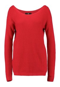 Pull en tricot rouge à manches longues avec un col rond et des bords-côtes aux poignets, à l'ourlet et un motif gaufré texturé.