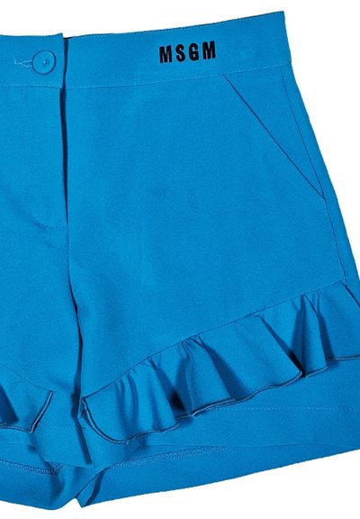 Shorts blu con orlo arricciato, realizzati in un tessuto liscio. Presentano una chiusura con bottone e tasche. Nome del marchio "MSGM" stampato sull'elastico della vita.
