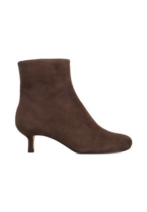Brown suede ankle boot with a rounded toe and a low kitten heel. Smooth texture and minimalist design with no visible patterns or hardware.