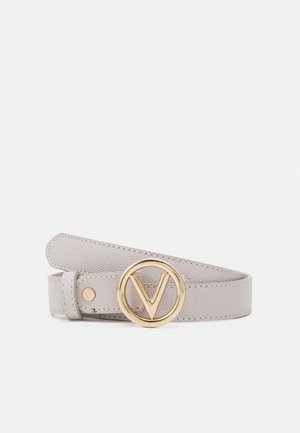 Light gray textured leather belt with a round gold buckle featuring a large "V" and matching gold rivet detail.
