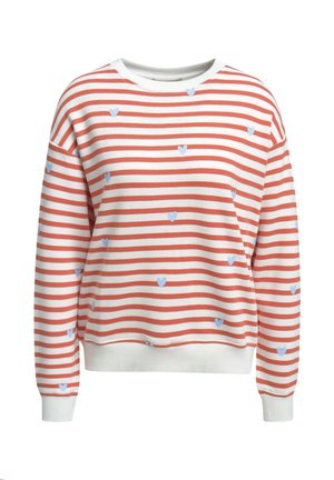 White sweatshirt with horizontal red stripes and scattered small blue heart patterns, featuring ribbed cuffs and hem.