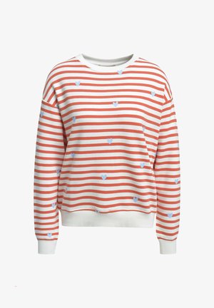 White sweatshirt with horizontal red stripes and scattered small blue heart patterns, featuring ribbed cuffs and hem.