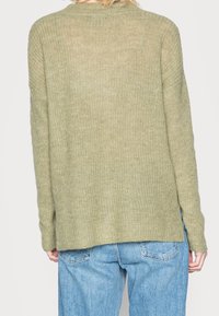 Hellgrüner, gestrickter Pullover mit lockerem Sitz, Rundhalsausschnitt, langen Ärmeln und geripptem Muster, von hinten gezeigt.