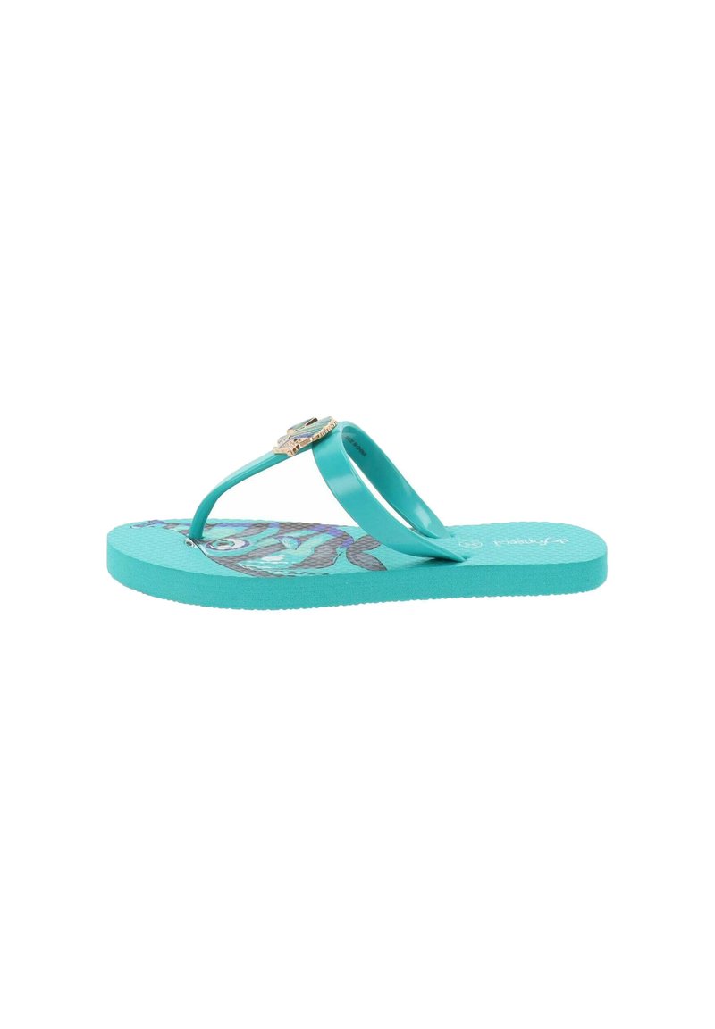 Chanclas de goma turquesa con un diseño floral elevado en la base y un acento decorativo metálico en la correa.