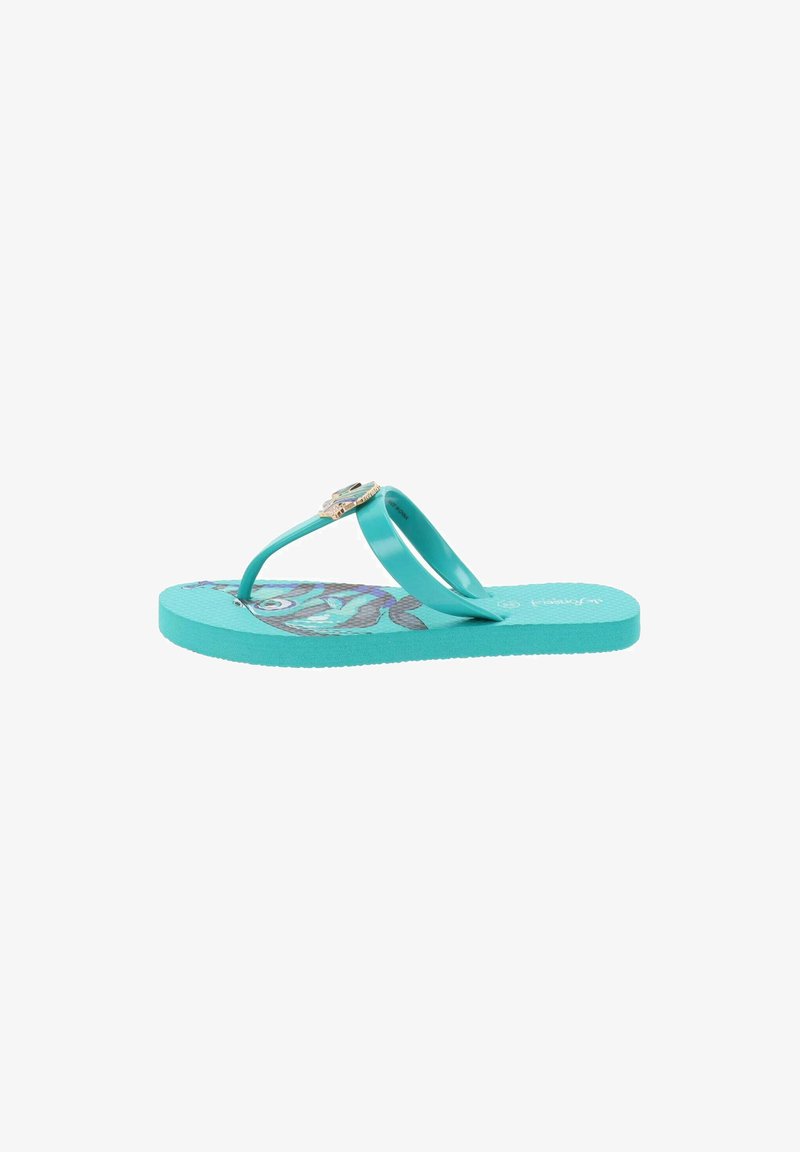 Chanclas de goma turquesa con un diseño floral elevado en la base y un acento decorativo metálico en la correa.