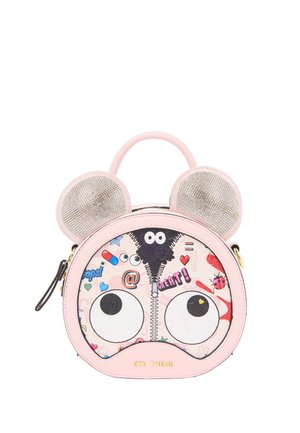Piccola borsa rotonda rosa con orecchie da topo scintillanti, occhi da cartone animato, design con cerniera e stampe colorate e giocose, etichettata "Tema Occhio" in basso.