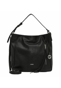 Schwarze Lederhandtasche mit einer weichen, strukturierten Oberfläche, ausgestattet mit einem Hauptfach, einem Reißverschlussfach und einem verstellbaren Schultergurt.