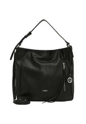 Schwarze Lederhandtasche mit einer weichen, strukturierten Oberfläche, ausgestattet mit einem Hauptfach, einem Reißverschlussfach und einem verstellbaren Schultergurt.