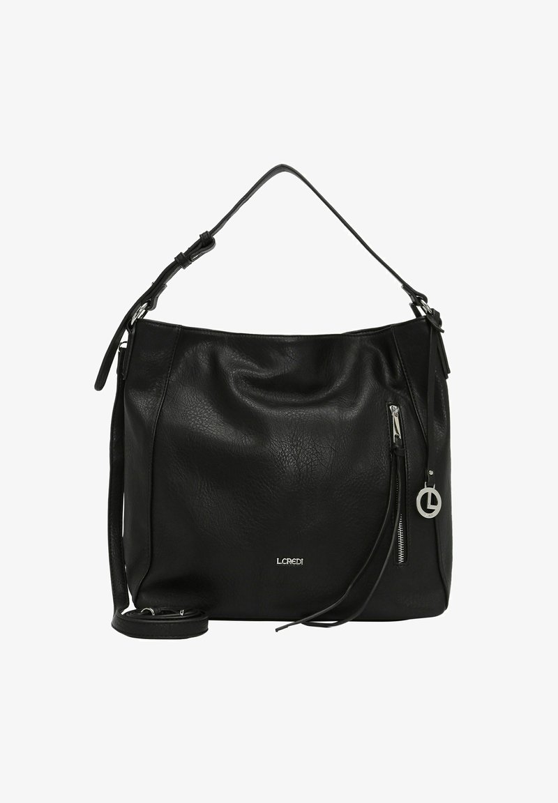 Schwarze Lederhandtasche mit einer weichen, strukturierten Oberfläche, ausgestattet mit einem Hauptfach, einem Reißverschlussfach und einem verstellbaren Schultergurt.