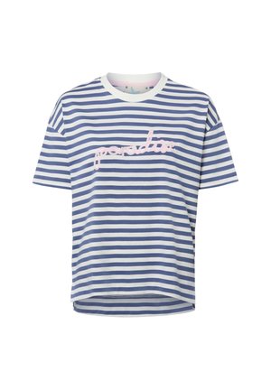 Koszulka z krótkim rękawem w poziome niebiesko-białe paski z różowym tekstem "paradise" pisanym kursywą na piersi.