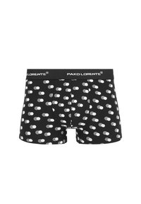 Czarne bokserki w białe i szare okrągłe kropki. Elastyczny pas z napisem "PAKO LORENTE." Rozciągliwy materiał, dobrze dopasowany.