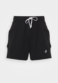 Svarta bomullsshorts med elastisk midja, vit dragsko och liten broderad Nike-logotyp på vänster ben. Slät textur.