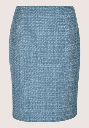 Lichtblauwe tweed potloodrok met subtiel ruitpatroon en gestructureerde stof, knielengte, aangesloten model.